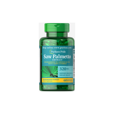 Puritan's Pride Saw Palmetto Extract 320 mg, 60 Rapid Release Softgels, supports men's prostate and urinary health.
